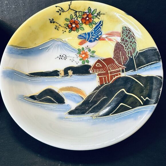 Japanese Moriage Dish/Bowl Set of 2, House, Mountain, Boat, Bird, Flowers VTG - Picture 2 of 9